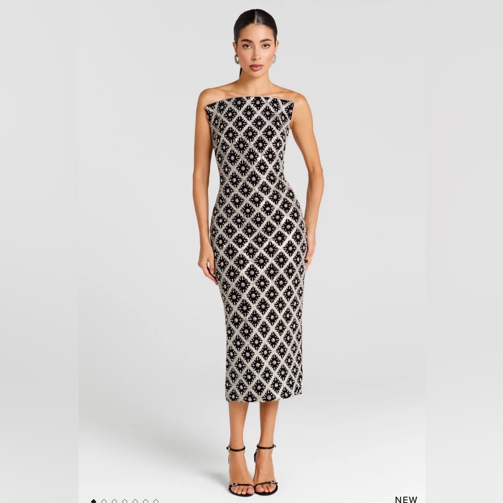 NADINE MERABI Larissa Black and Silver Midi Dress